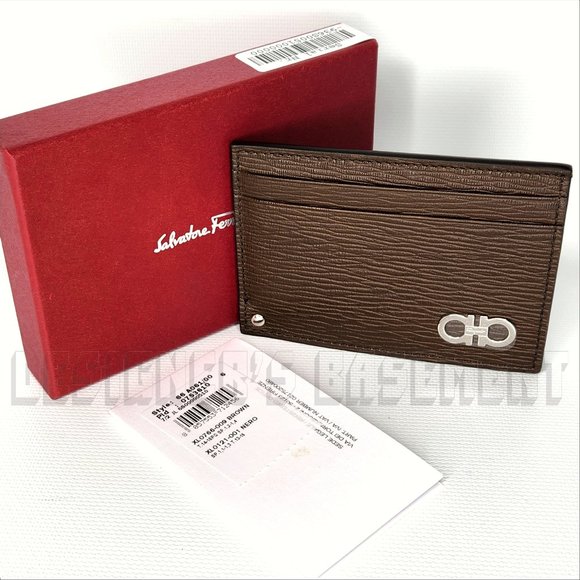 SALVATORE FERRAGAMO brown/blck REVIVAL leather GANCINI Flip-out ID card case NIB - Picture 2 of 8